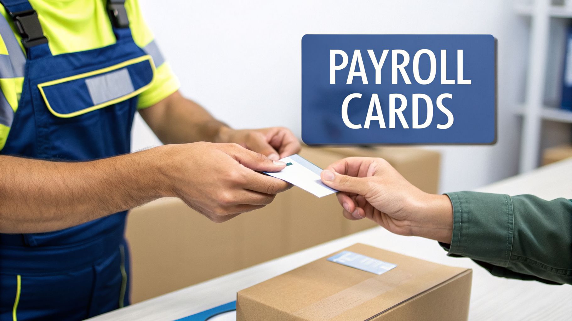 Hands exchanging a payroll card with a worker in a high-visibility uniform near cardboard boxes.