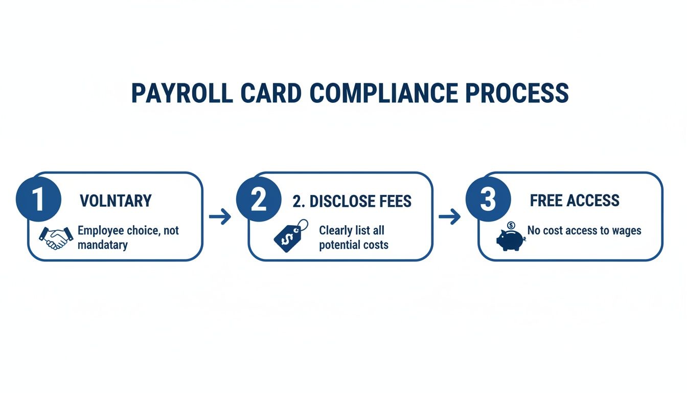 A diagram illustrating the three steps of the Payroll Card Compliance Process for employers.
