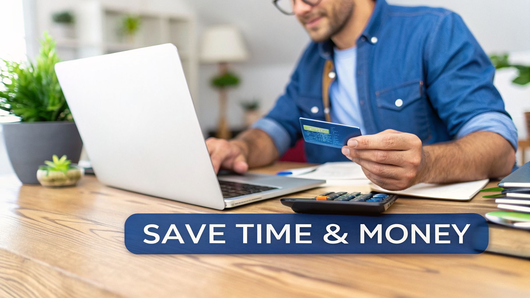 A man uses a laptop and holds a credit card, with text 'SAVE TIME & MONEY' overlay.