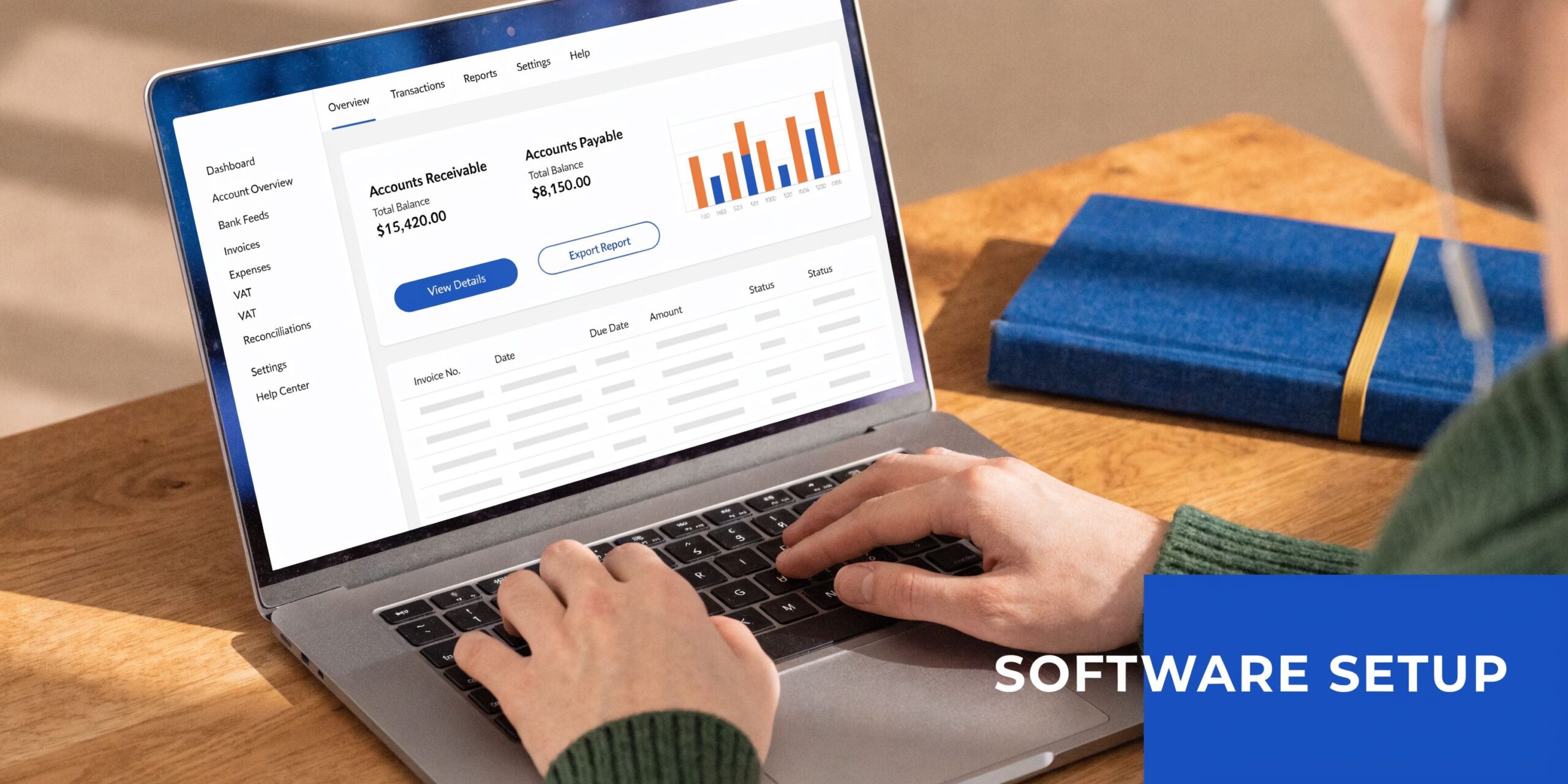 A person using a laptop computer to manage accounting software for business financial tracking and data analysis.