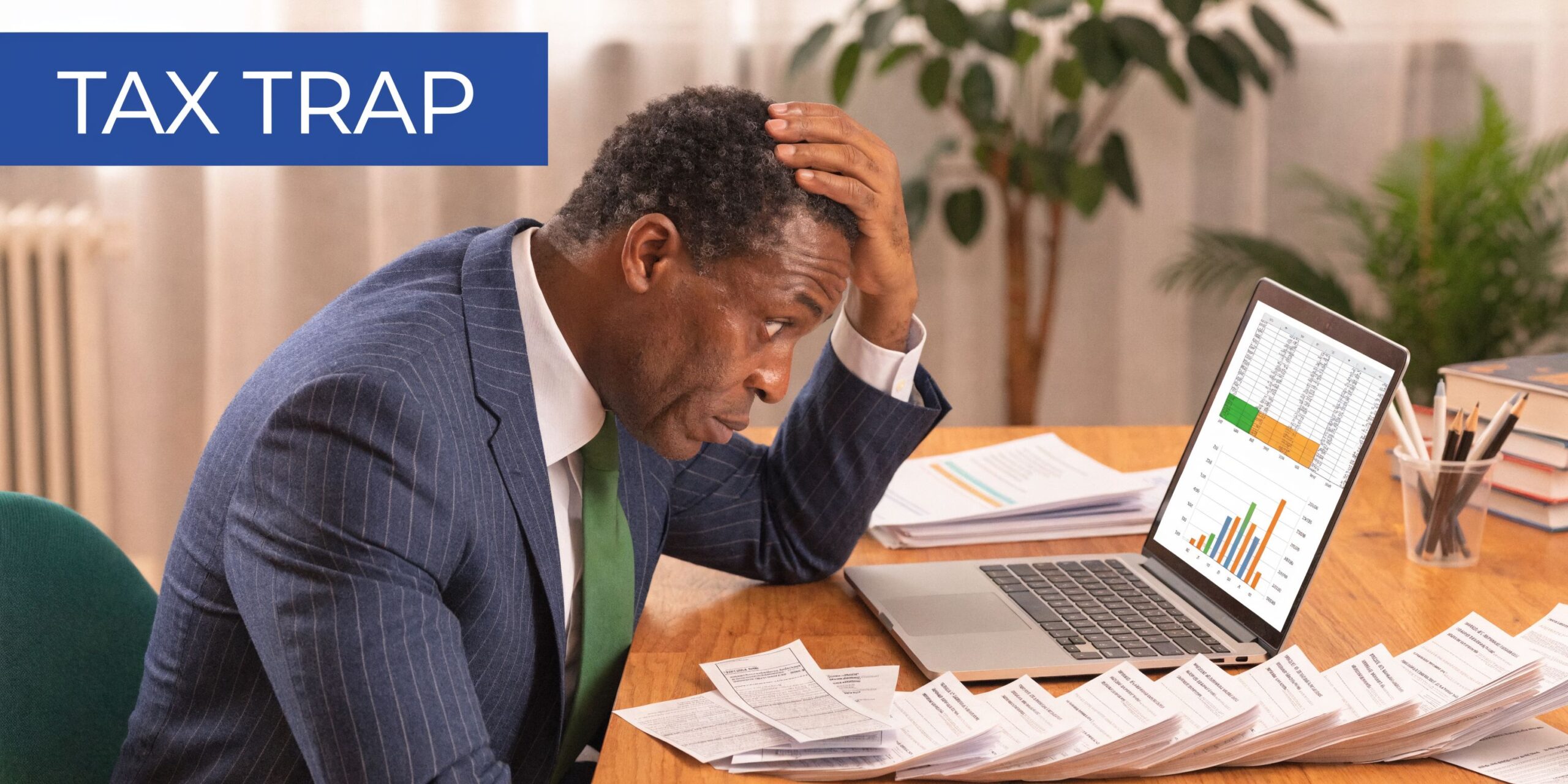 A stressed businessman in a suit sitting at a desk with laptop, charts, and tax paperwork.