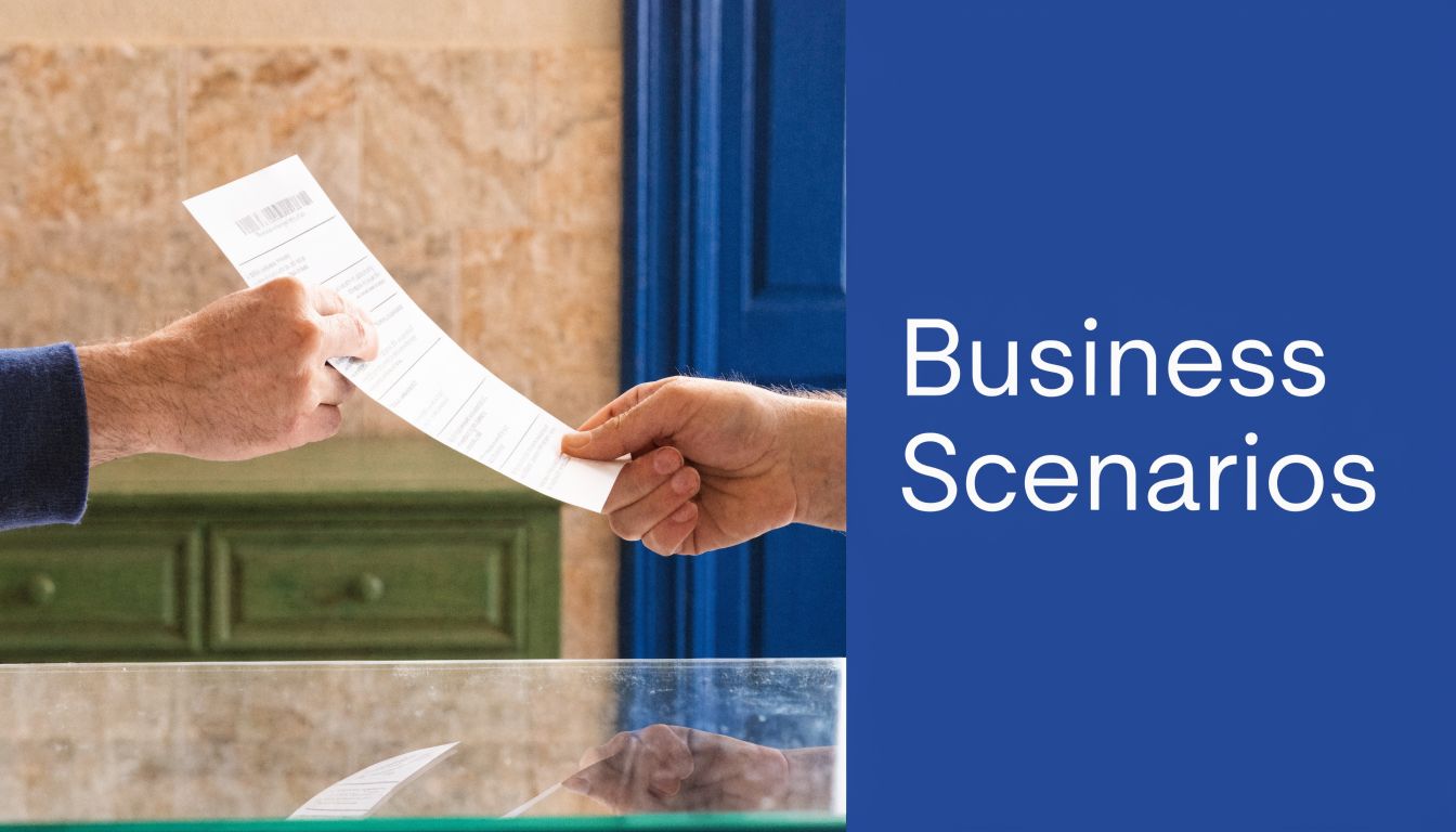 A close-up view of two people exchanging a business document across a glass counter.