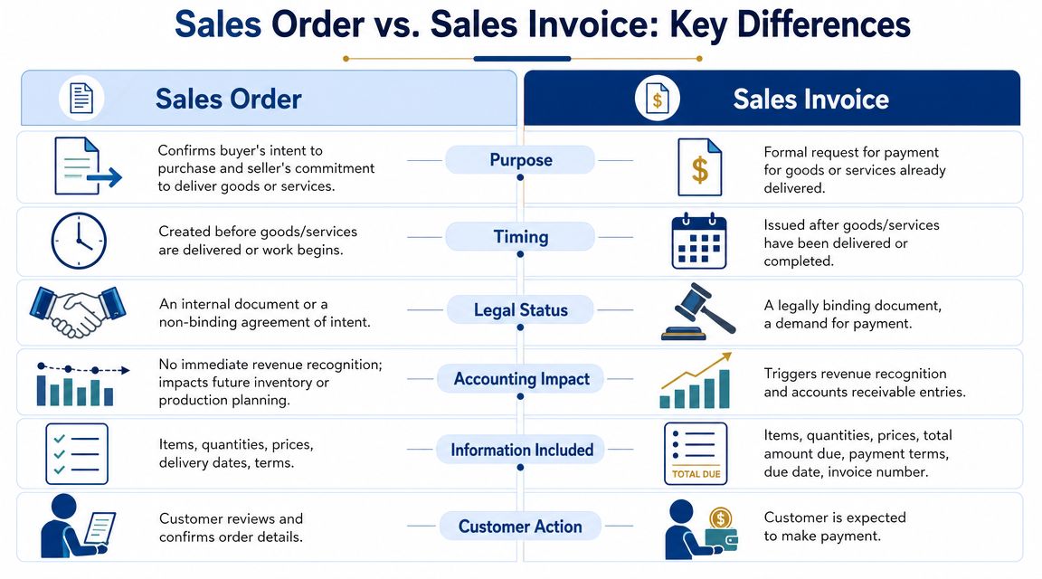 A comparison chart outlining the key differences between a sales order and a sales invoice document.