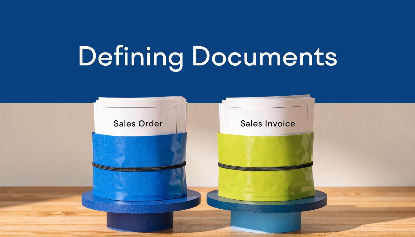 A conceptual image showing two stacks of papers labeled Sales Order and Sales Invoice on pedestals.