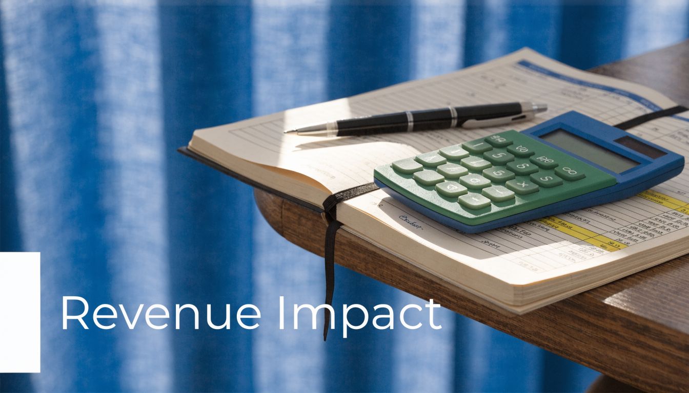 A close-up shot of a pen and a blue calculator resting on an open ledger on a wooden desk.