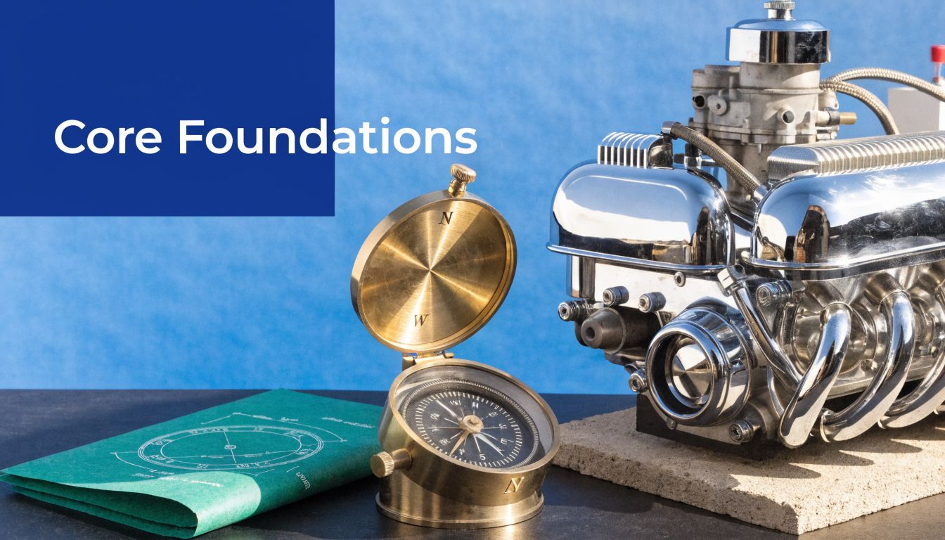 A conceptual image featuring a brass compass, a mechanical engine, and a blueprint on a table.