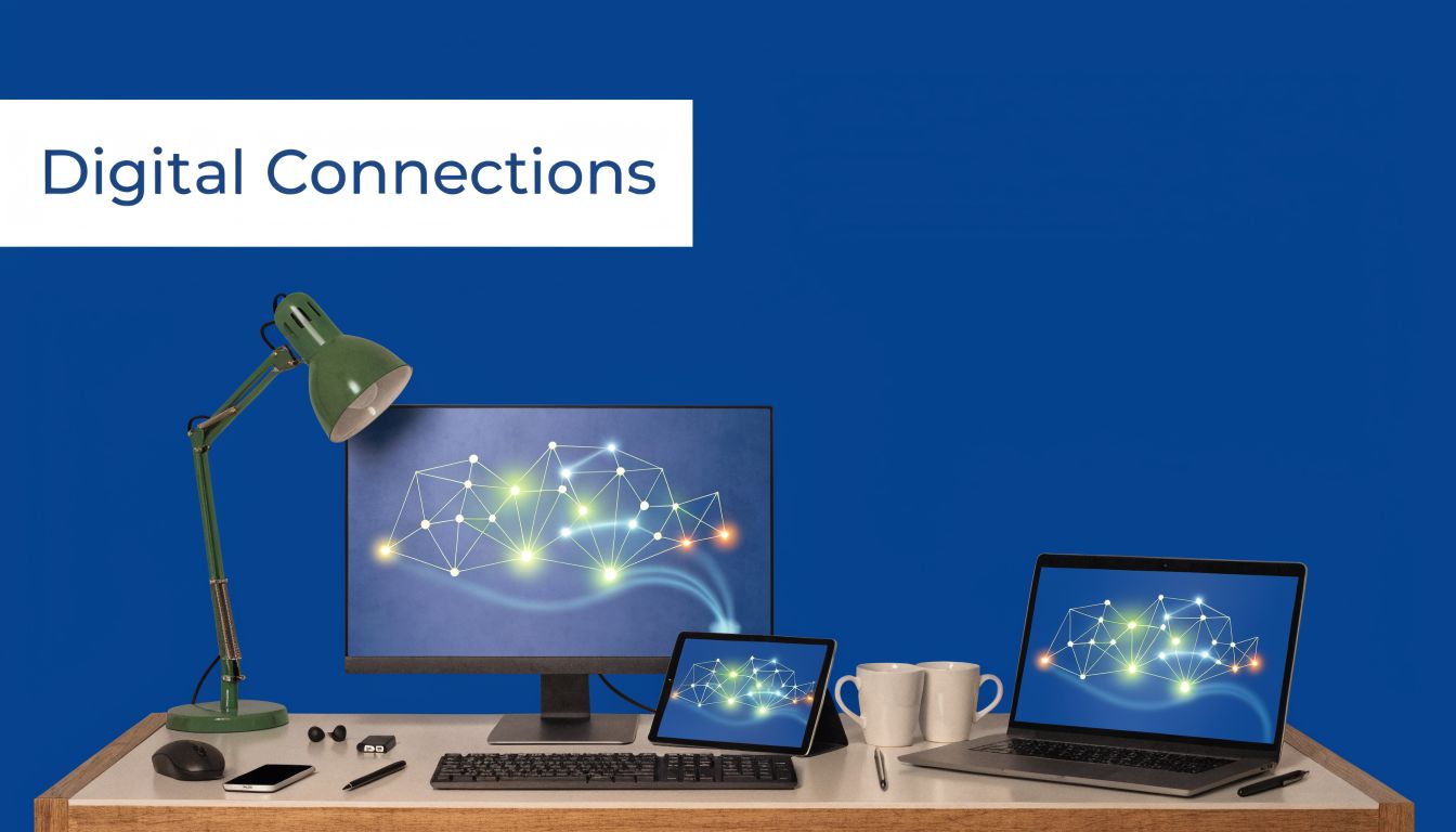 A modern workspace with a computer, laptop, tablet, and desk lamp against a blue background.