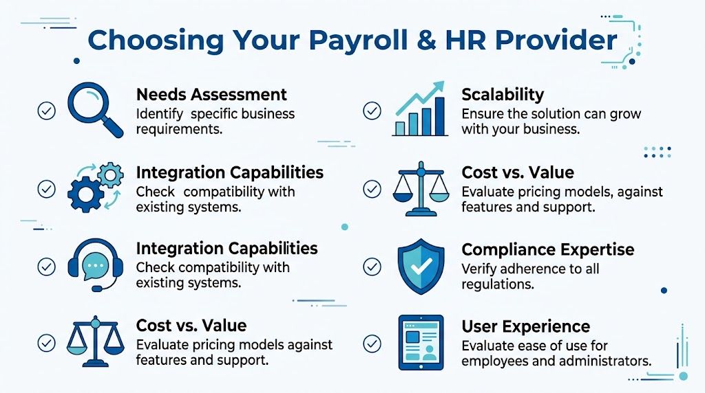 An infographic titled Choosing Your Payroll and HR Provider outlining key factors like scalability, compliance, and cost.