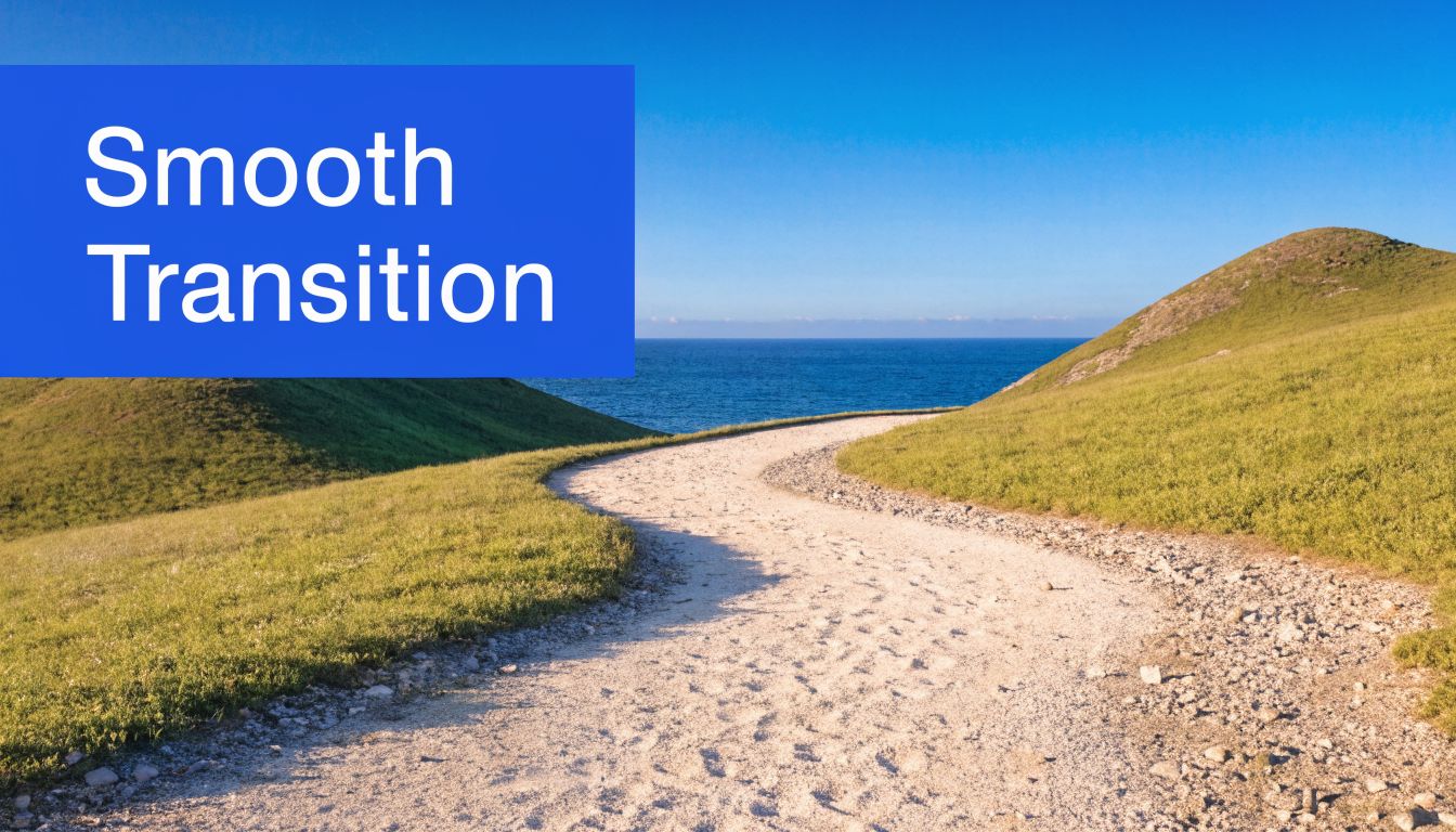 A scenic dirt path leads towards the blue ocean between two grassy green rolling hills under sunlight.