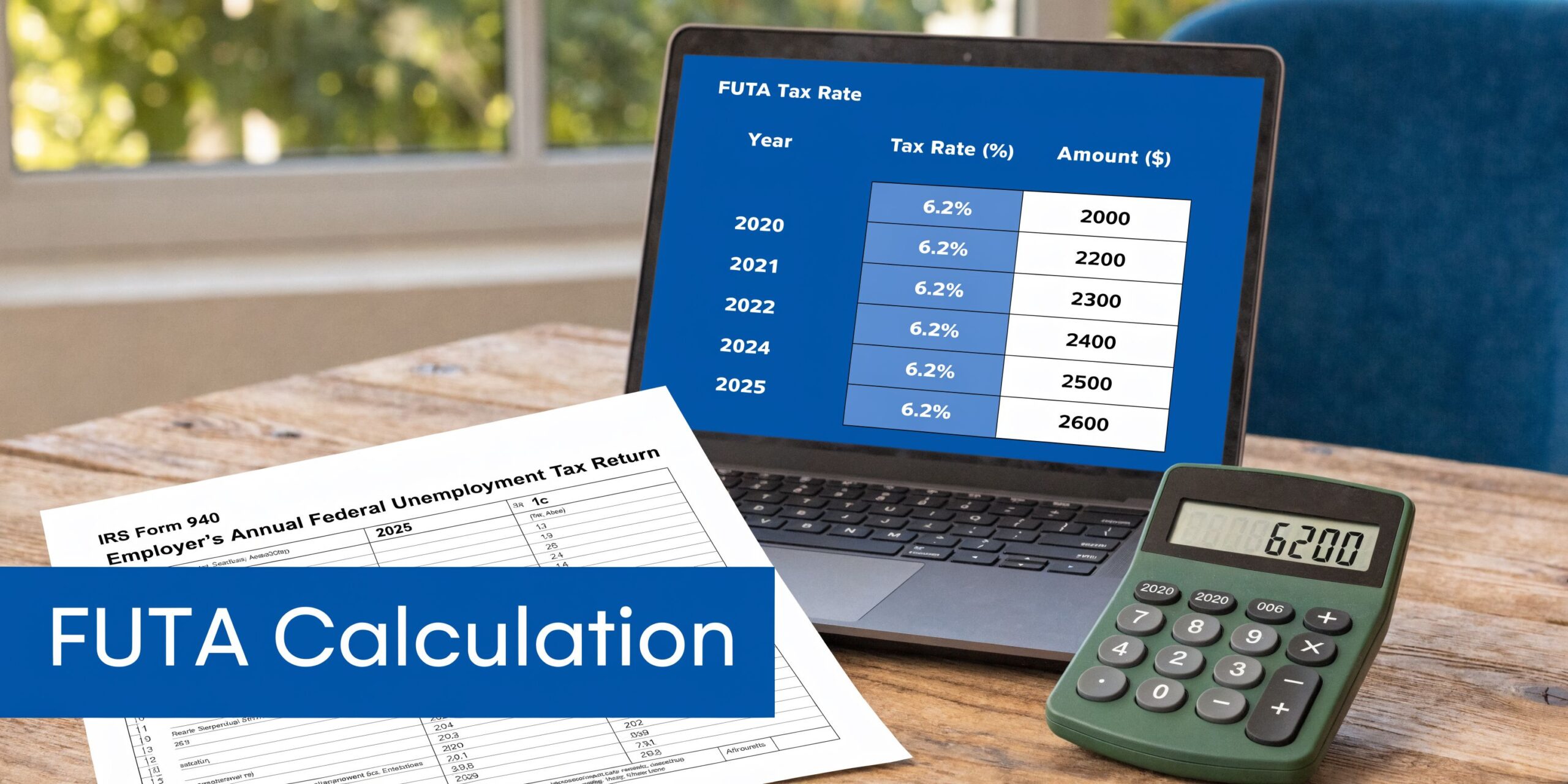 A laptop displaying a FUTA tax rate chart alongside a calculator and an IRS Form 940 document.