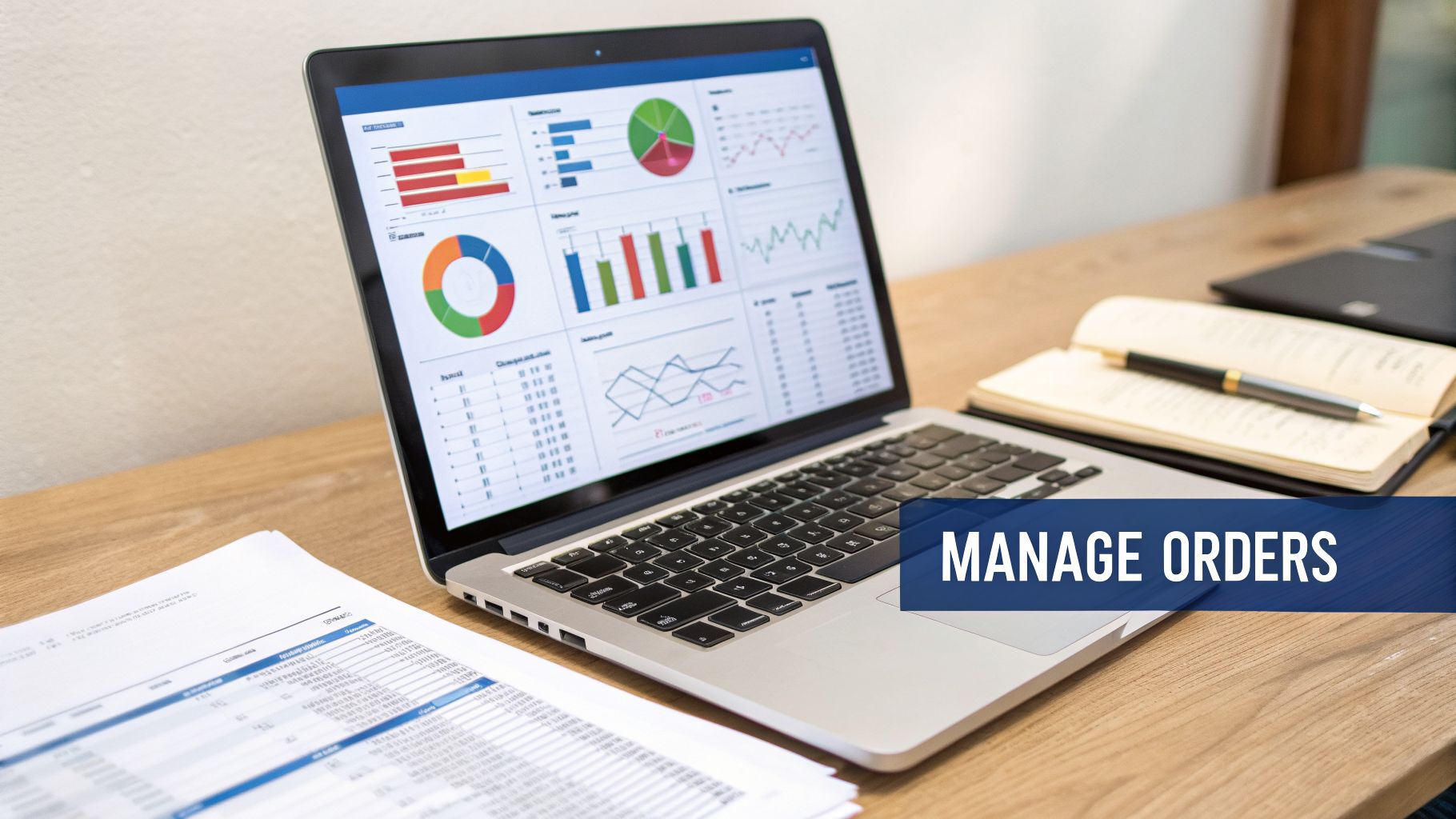Laptop displaying business analytics dashboards with charts and graphs, alongside papers and a notebook on a wooden desk.