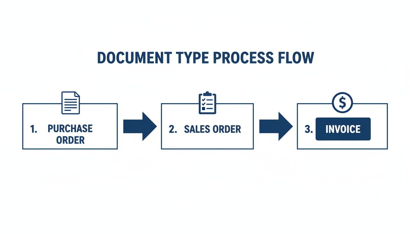 A clear process flow diagram showing the sequence of a purchase order, sales order, and invoice.
