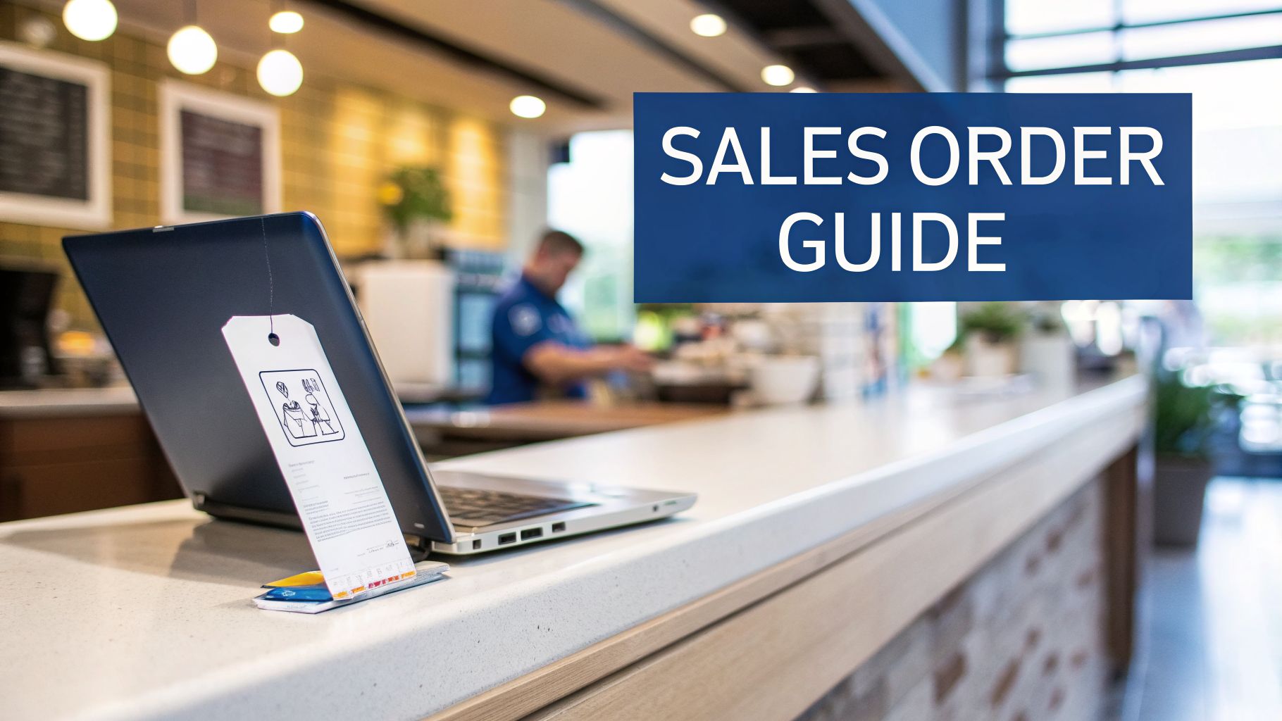 A laptop on a cafe counter with a tag hanging, featuring a 'SALES ORDER GUIDE' overlay.
