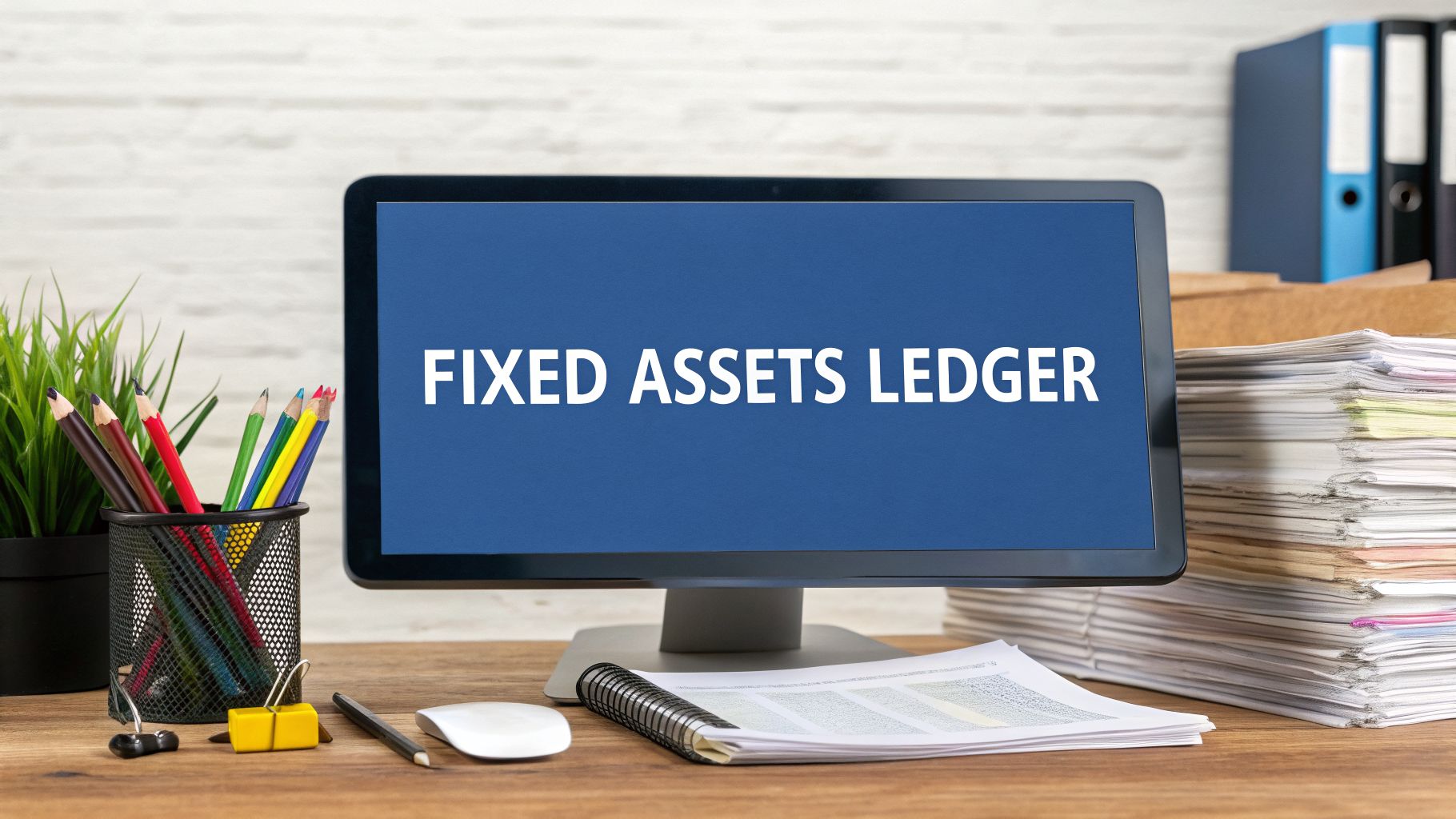 A computer monitor on a wooden desk displays 'FIXED ASSETS LEDGER' with office supplies and documents.