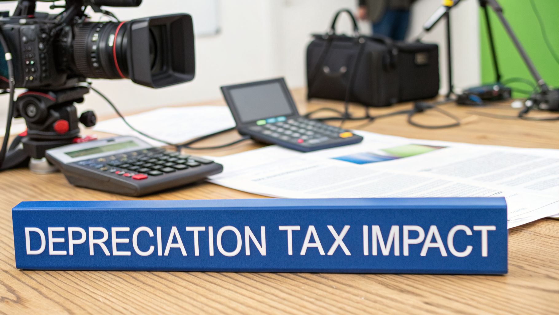 A blue sign displaying 'DEPRECIATION TAX IMPACT' on a wooden desk with calculators and a camera.
