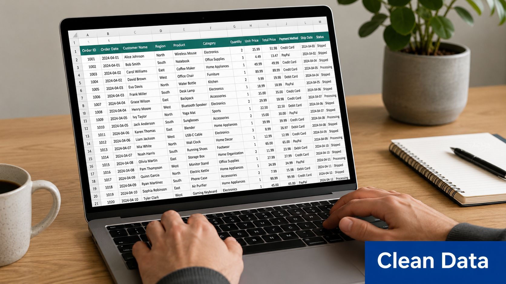 A close-up view of a person using a laptop displaying an organized spreadsheet of business sales data.