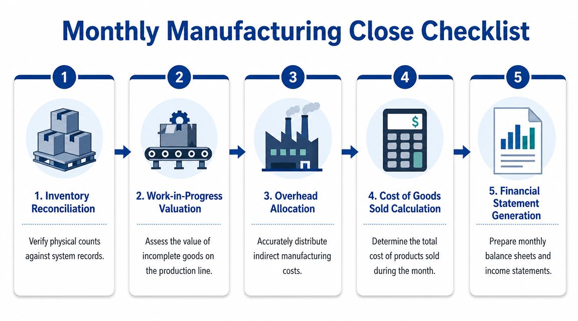 A flowchart showing five sequential steps for a monthly manufacturing close checklist in accounting.