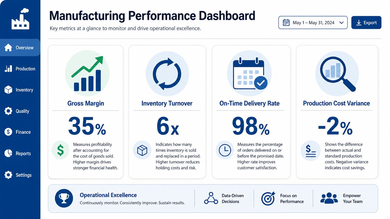 A manufacturing performance dashboard displaying metrics for gross margin, inventory turnover, on-time delivery rate, and production cost variance.