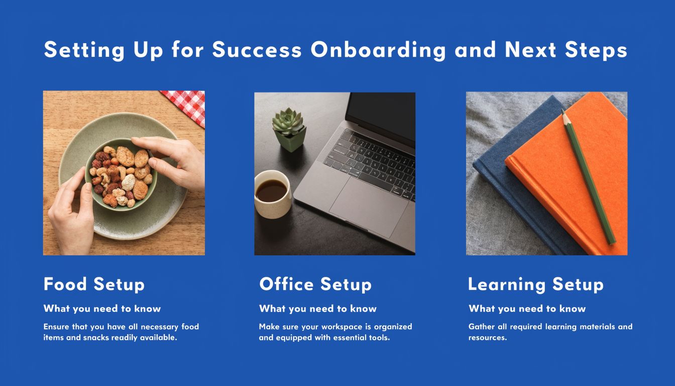 A guide for onboarding and workspace setup featuring food, office equipment, and learning materials on a blue background.