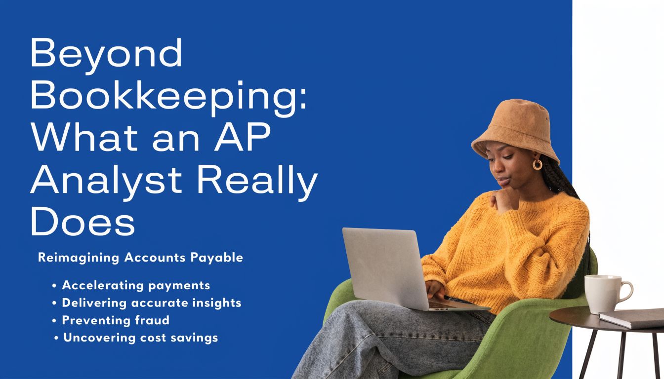 A woman in a bucket hat and sweater working on a laptop, with text about AP analysts.