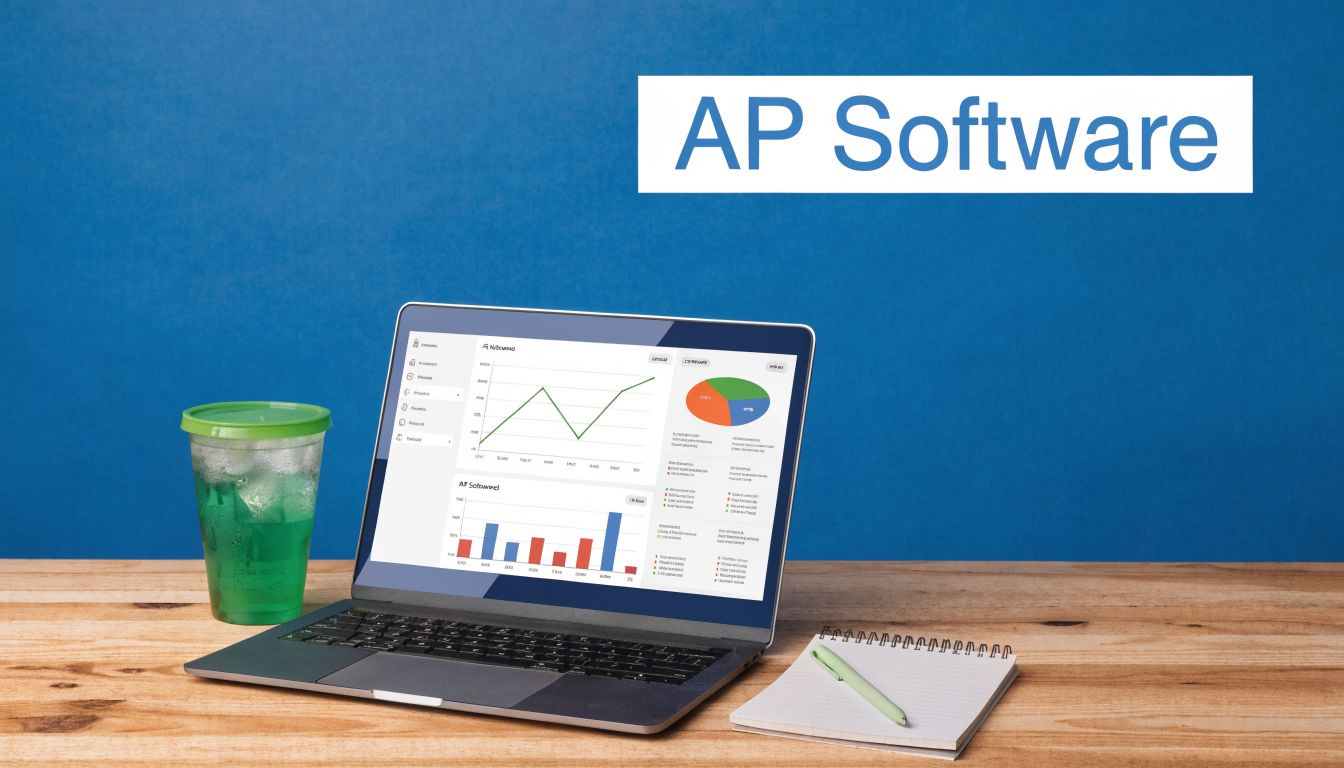 A laptop showing an accounting software dashboard on a wooden desk with a drink and notebook.