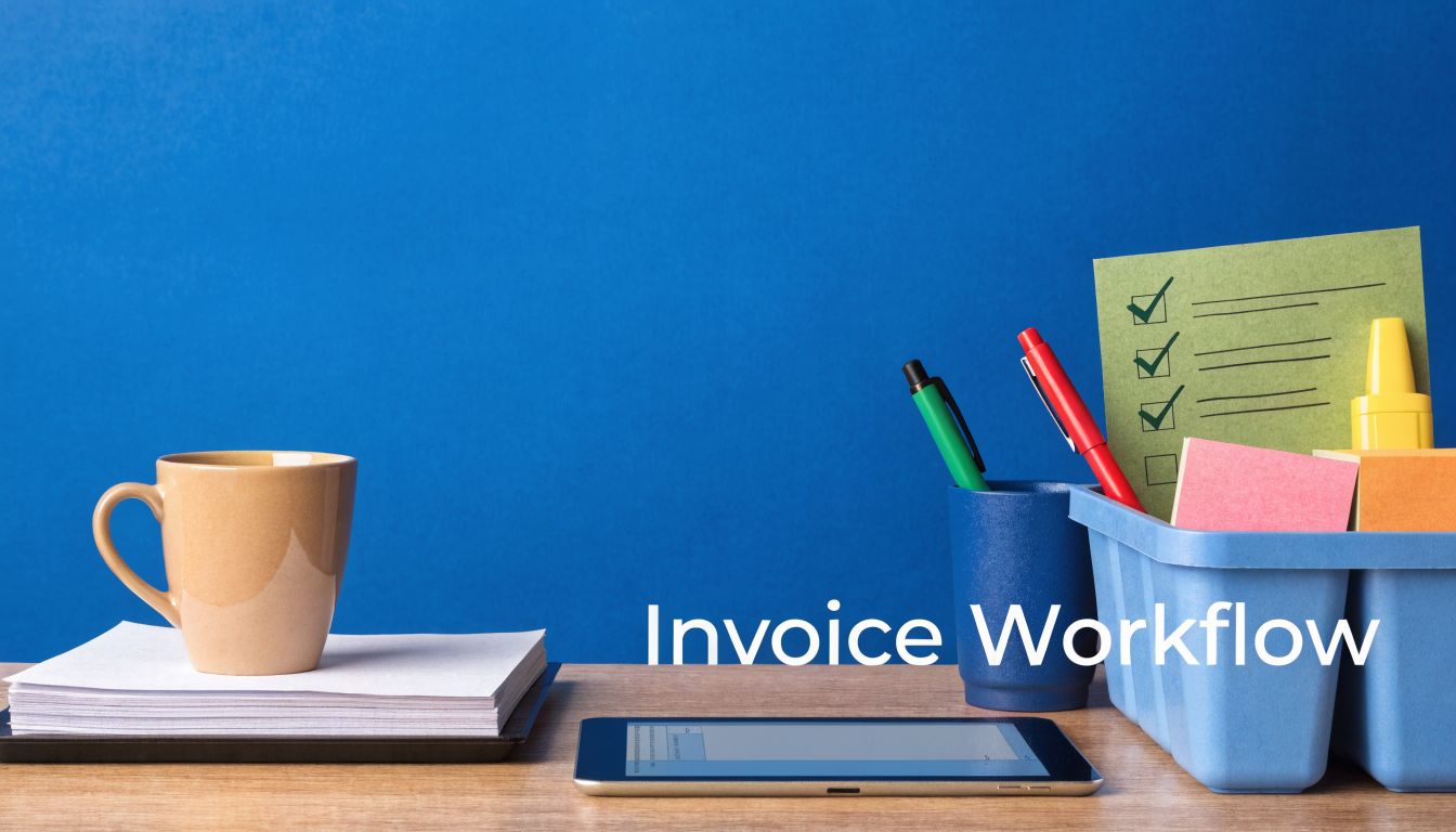A professional desk workspace featuring an invoice workflow concept with a coffee cup, tablet, and office supplies.
