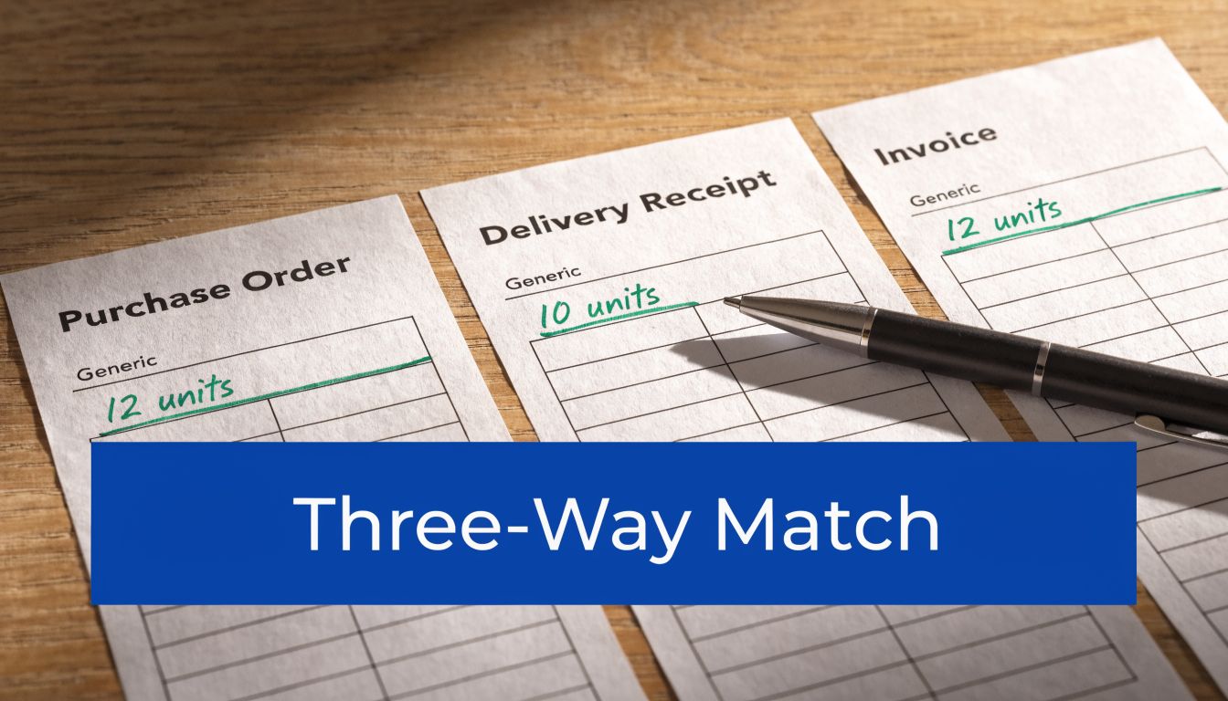 A document showing the three-way match concept with a purchase order, delivery receipt, and invoice displayed.