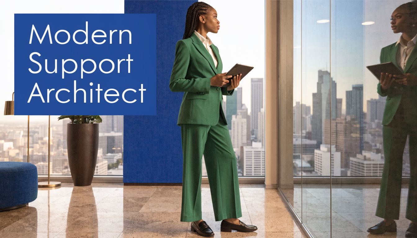A professional woman in a green suit holding a tablet, standing in a modern office with city views.
