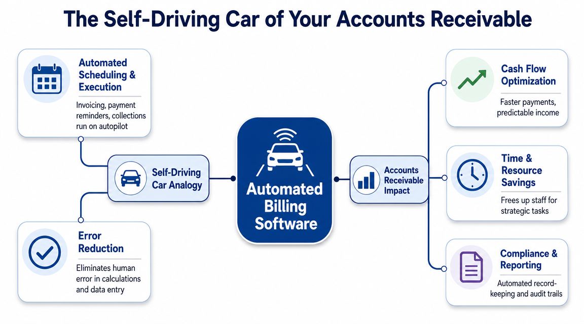 A diagram illustrating how automated billing software functions as a self-driving system for accounts receivable processes.