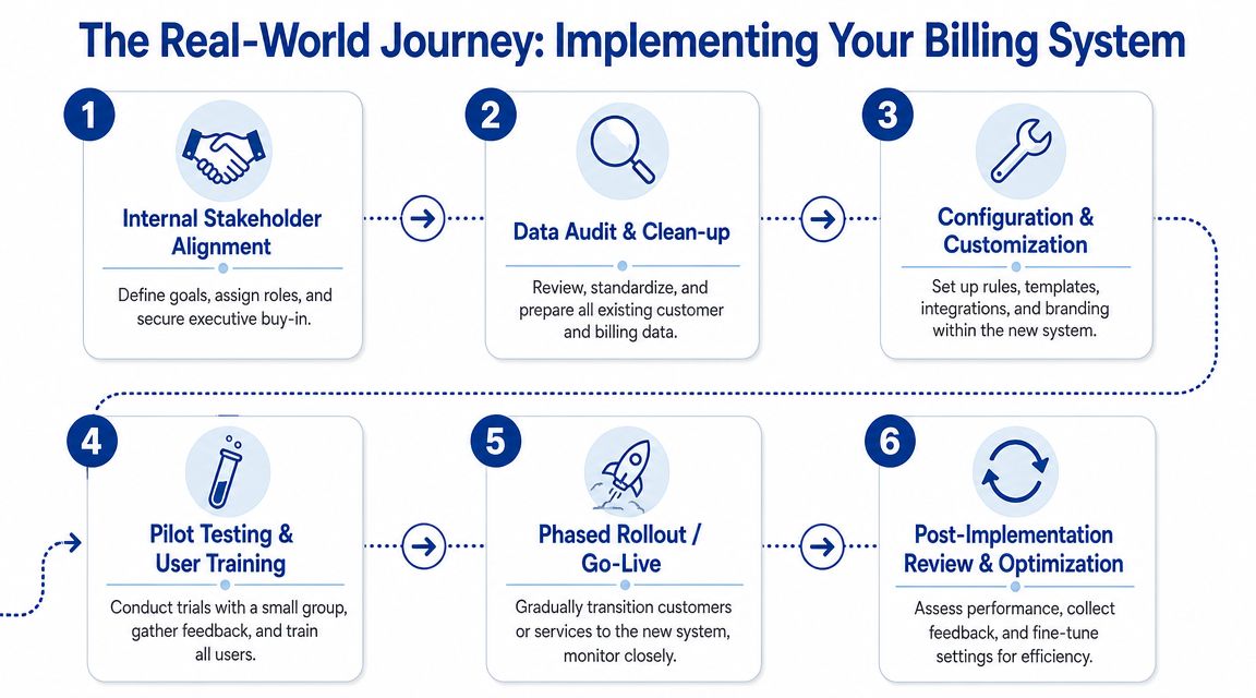 A six-step infographic illustrating the professional journey of implementing an automated billing system for businesses.