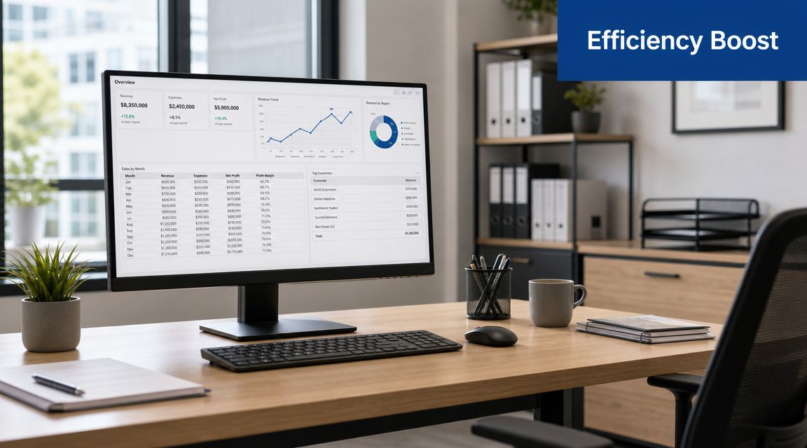 A modern workspace with a computer monitor displaying business analytics, financial charts, and performance data for companies.