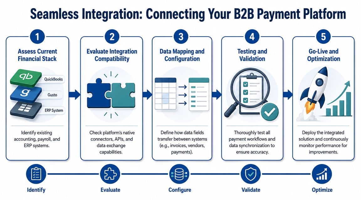 A five-step guide on the seamless integration process for connecting B2B payment platforms with existing financial systems.