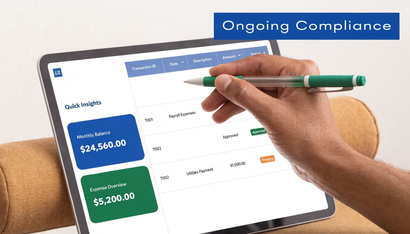 A hand using a stylus on a digital tablet displaying a corporate financial expense tracking dashboard.