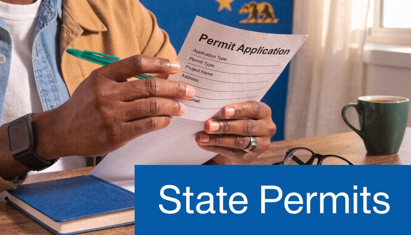 A person holding a pen and a permit application form at a desk with a coffee mug.
