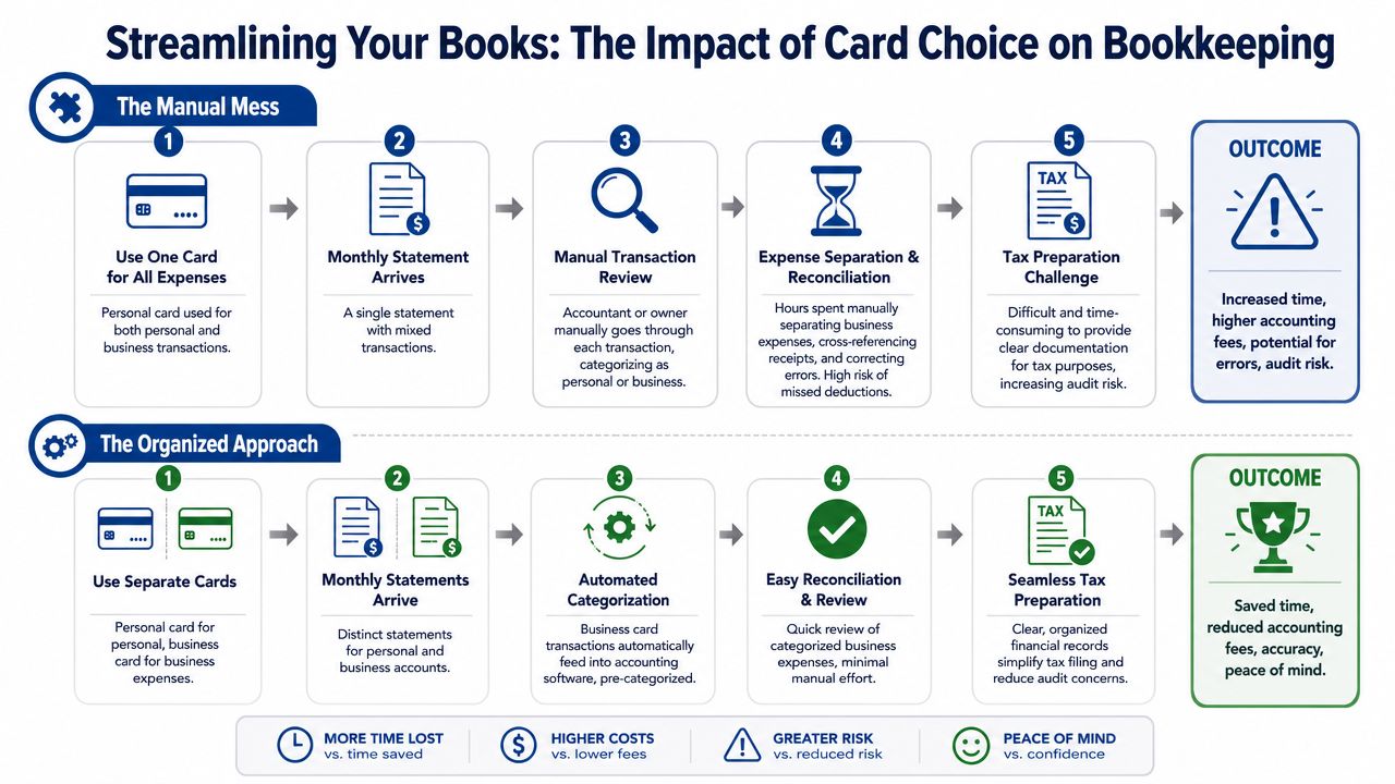 A comparison chart showing how using separate business and personal credit cards streamlines bookkeeping and accounting processes.