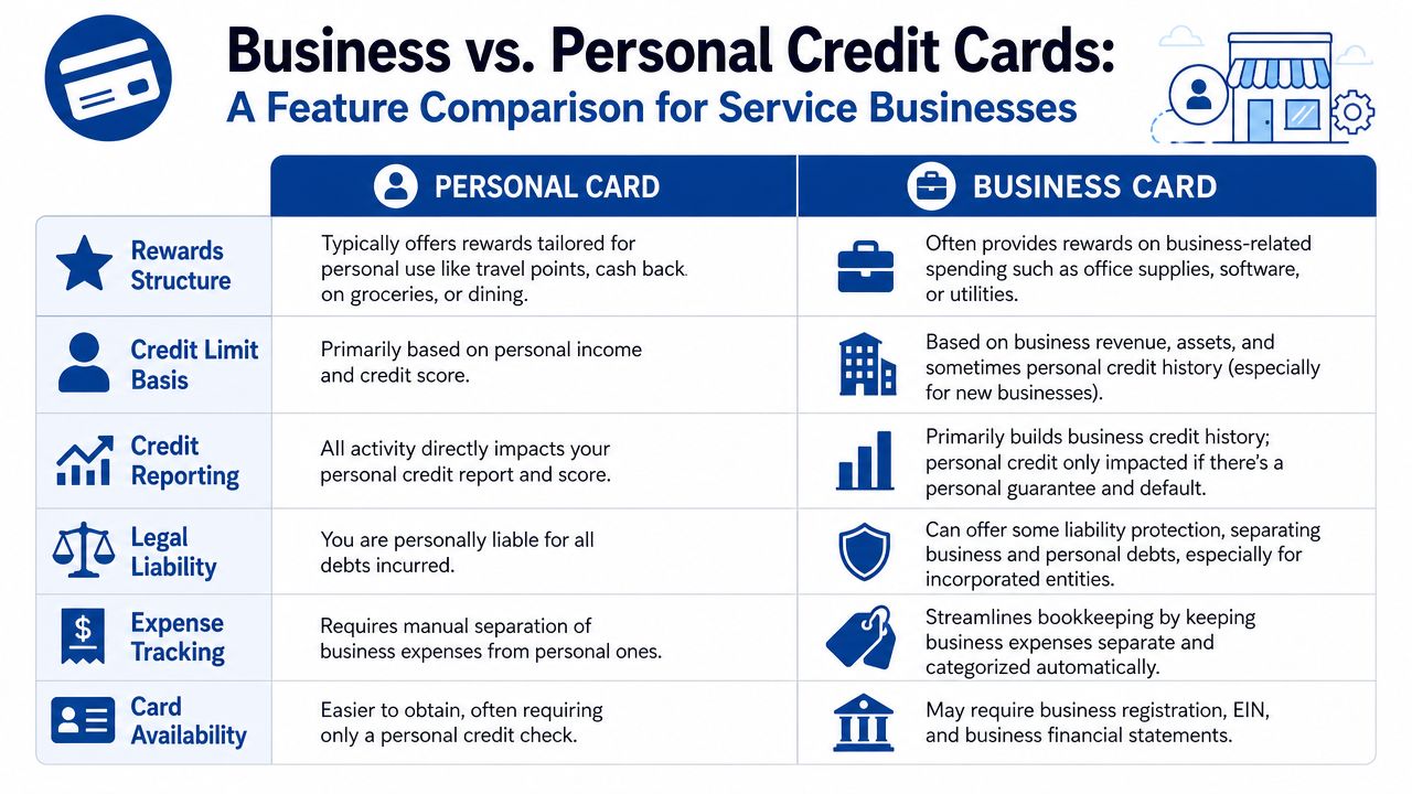A comparison chart highlighting the key differences between personal and business credit cards for service businesses.