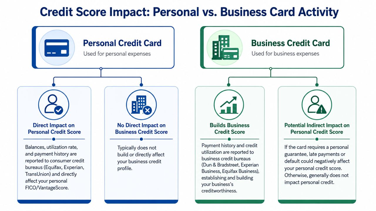 A diagram comparing the effects of personal and business credit cards on personal and business credit scores.