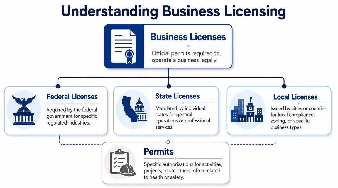 An infographic diagram explaining the types of business licenses including federal, state, and local permits.