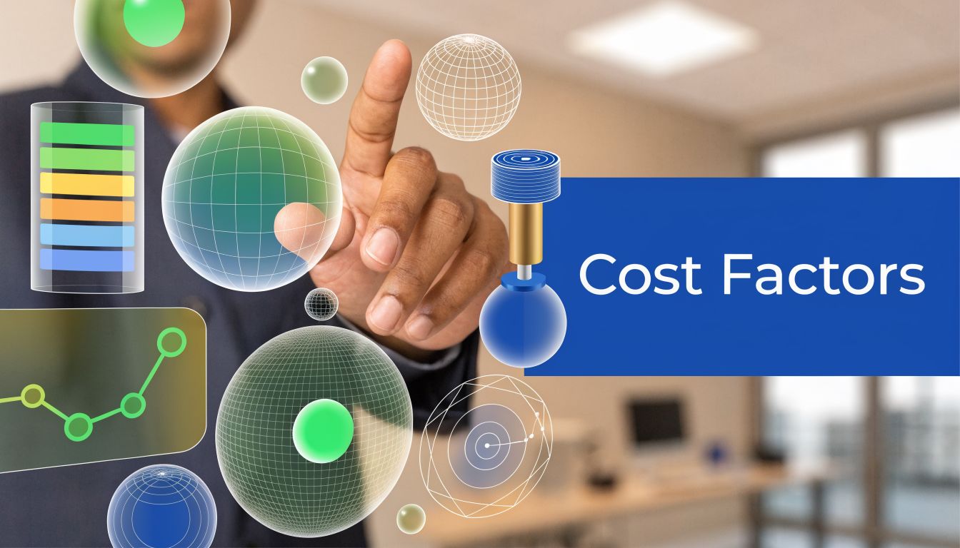 A person interacting with digital cost factor icons and a graph in a modern office environment.