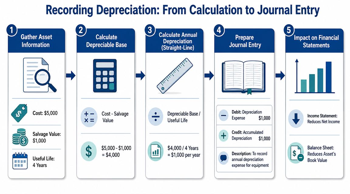 A five-step infographic showing the accounting process for calculating and recording annual equipment depreciation expenses.