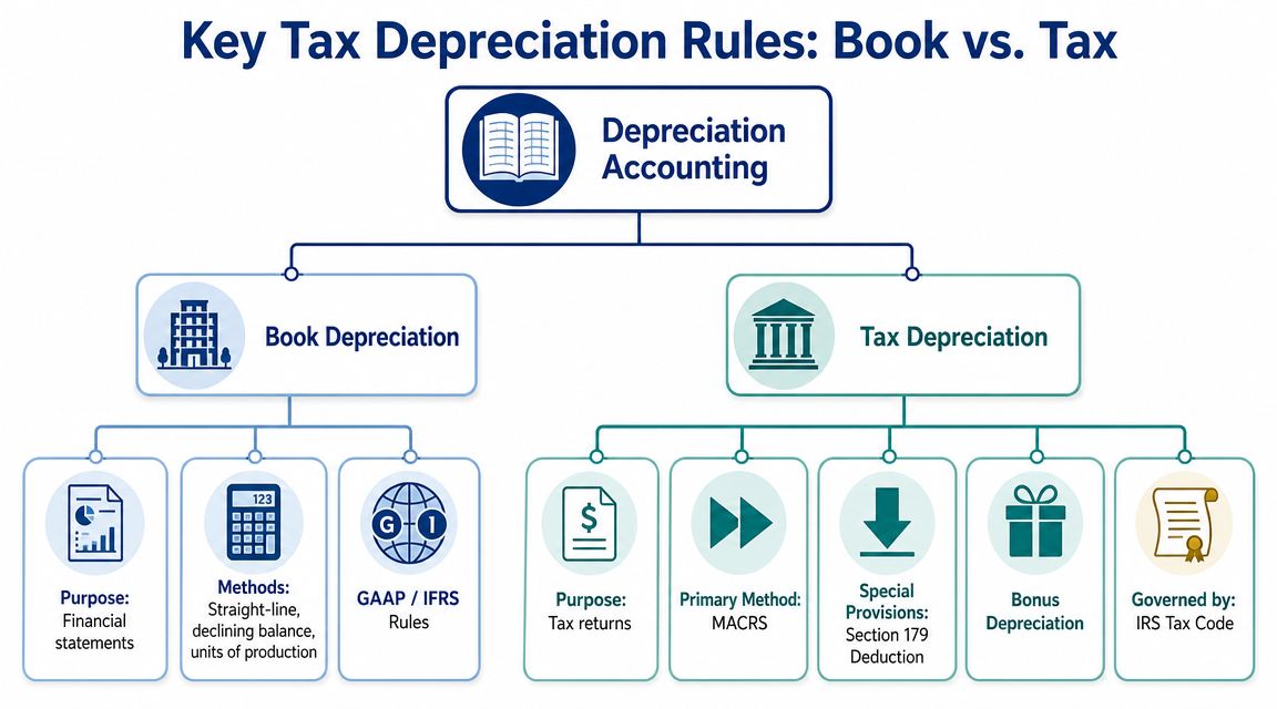 A chart illustrating the key differences between book depreciation for financial reporting and tax depreciation for tax returns.