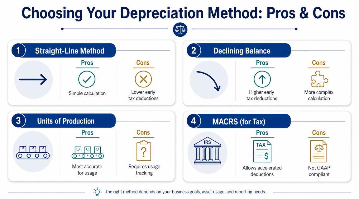 An infographic showing pros and cons of four common asset depreciation methods for accounting purposes.