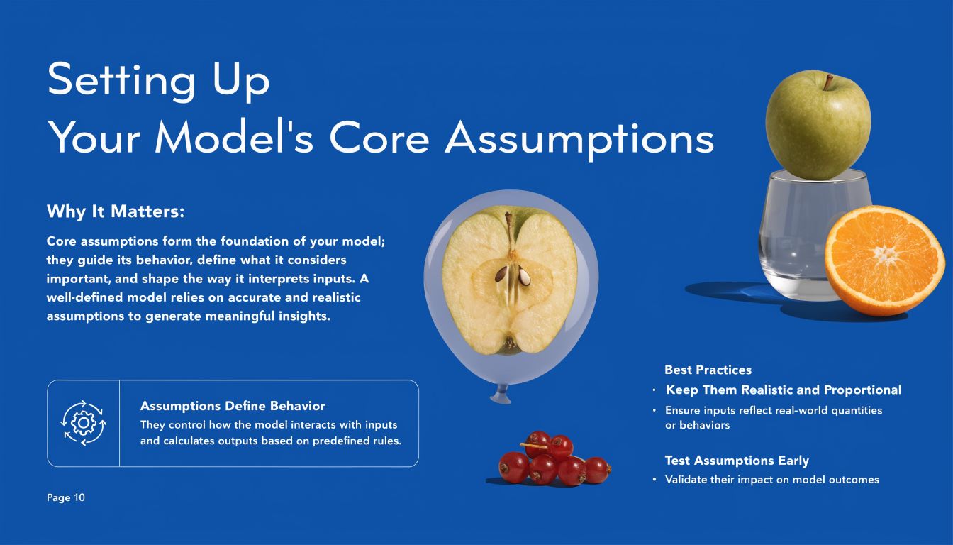 A slide explaining the importance of core assumptions in financial models with fruit imagery on blue background.