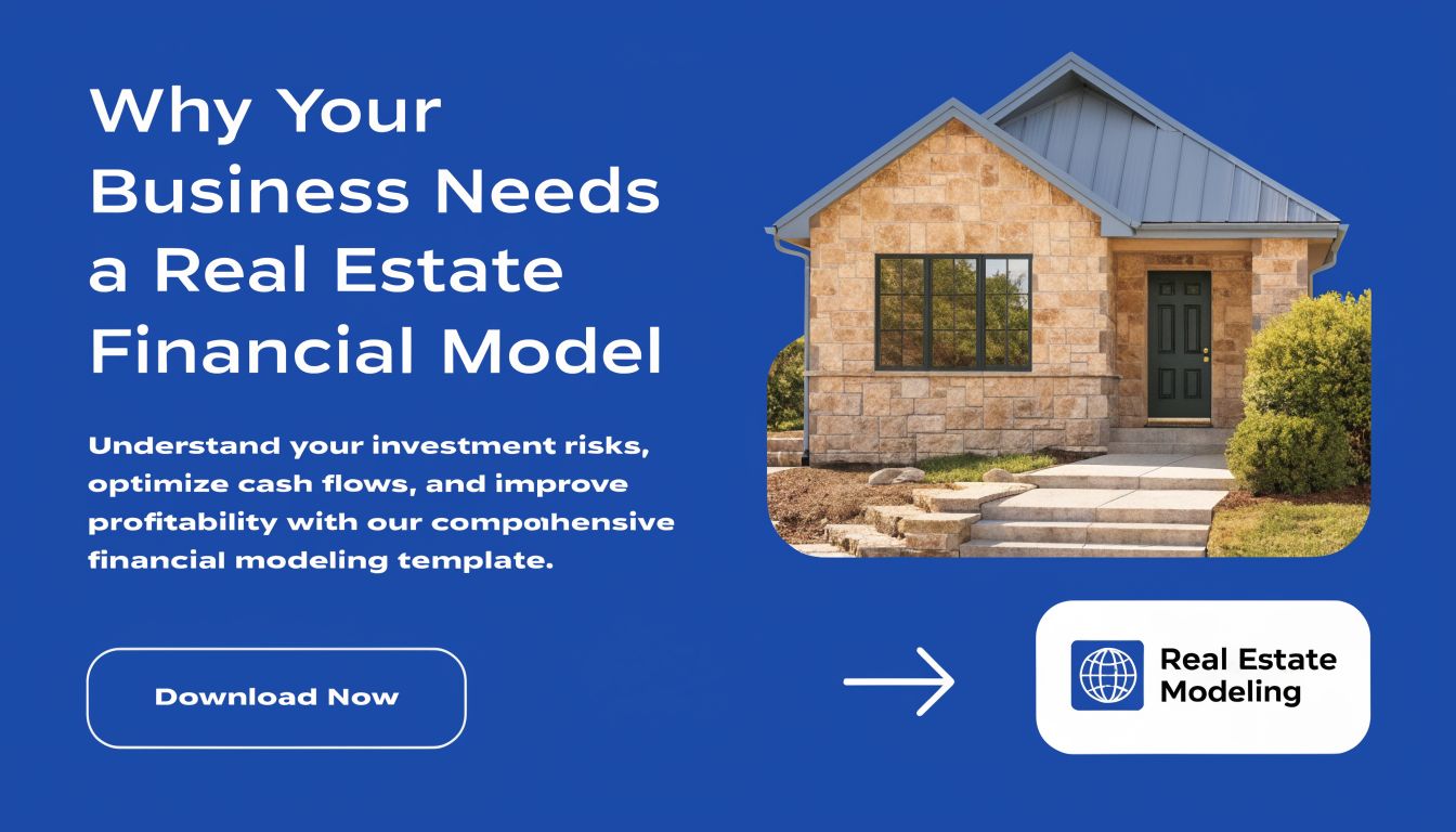 A digital marketing graphic promoting a real estate financial modeling template with a house illustration.