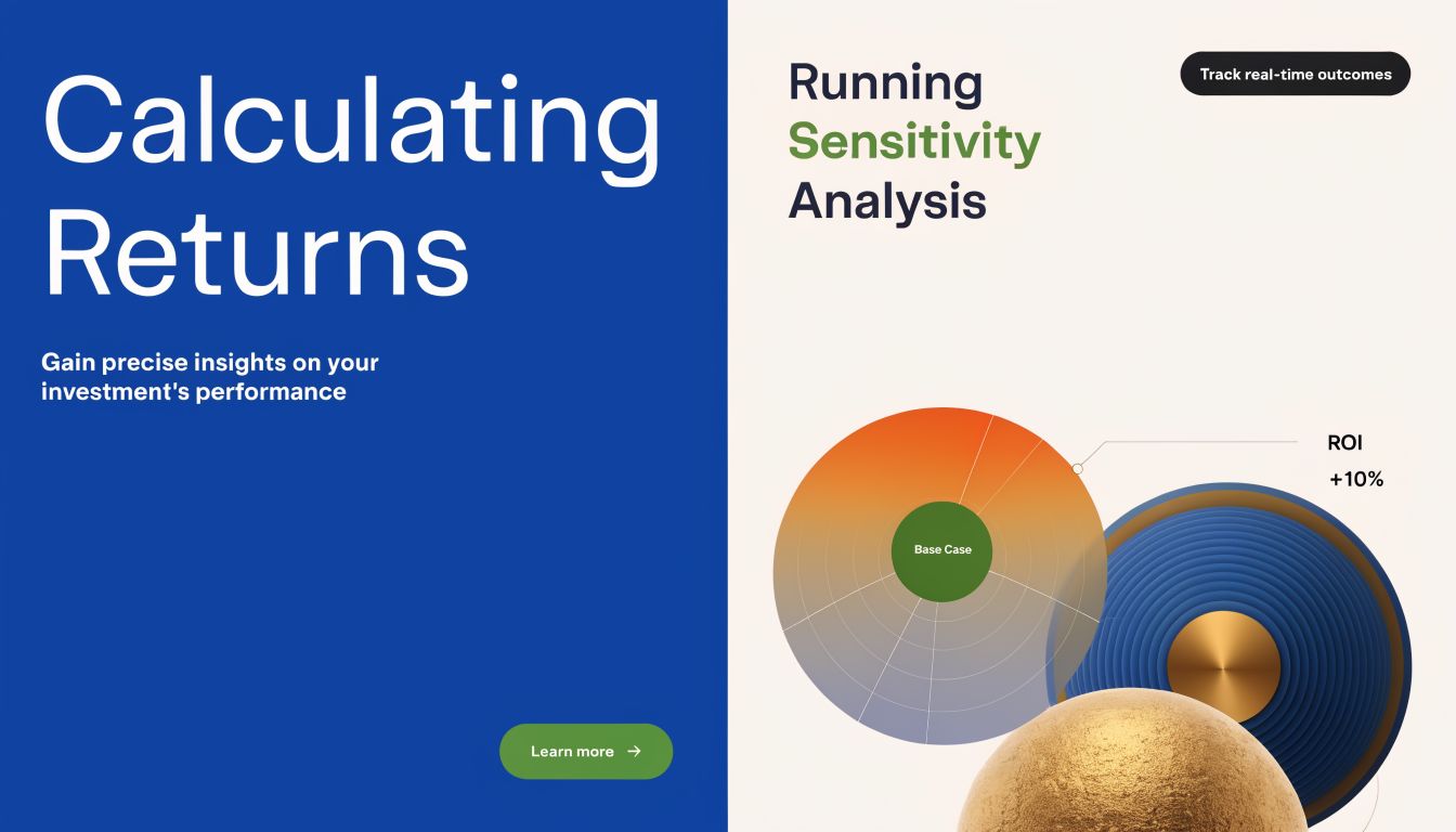 A digital graphic showcasing financial sensitivity analysis for calculating investment returns and tracking real-time performance outcomes.