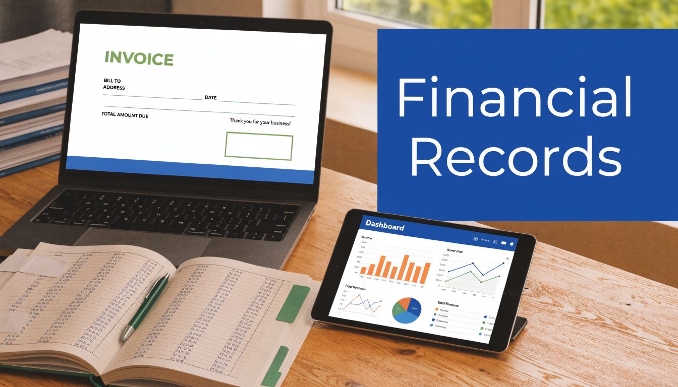 A professional desk featuring a laptop showing an invoice template, a tablet with financial charts, and a ledger.