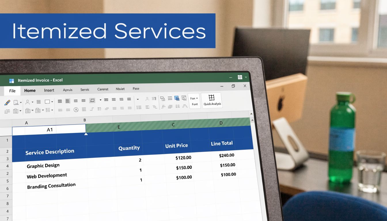 A close-up of a laptop screen displaying an Excel spreadsheet titled Itemized Invoice with service charges.