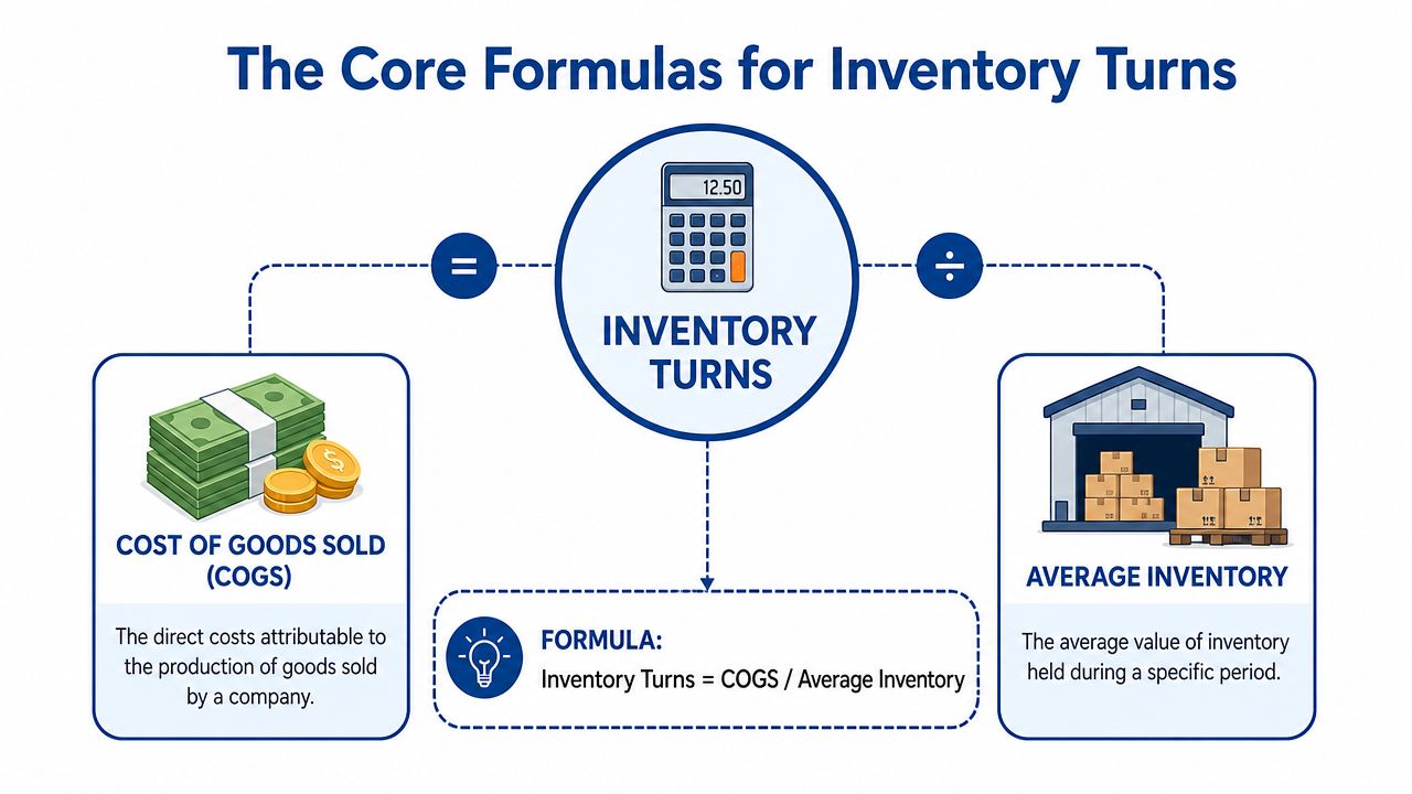A diagram illustrating the core formula for calculating inventory turns using COGS and average inventory.