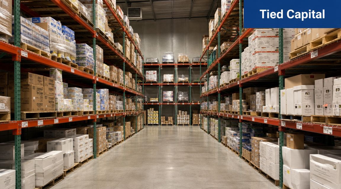 A large warehouse aisle featuring tall metal shelving units stocked with numerous cardboard boxes and inventory containers.