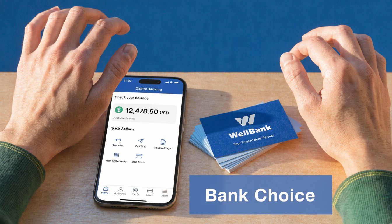 A person checking a bank balance on a smartphone next to a stack of WellBank business cards.